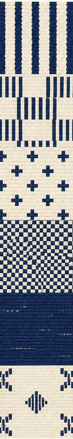 Six indigo and ivory pixel-art textile patterns